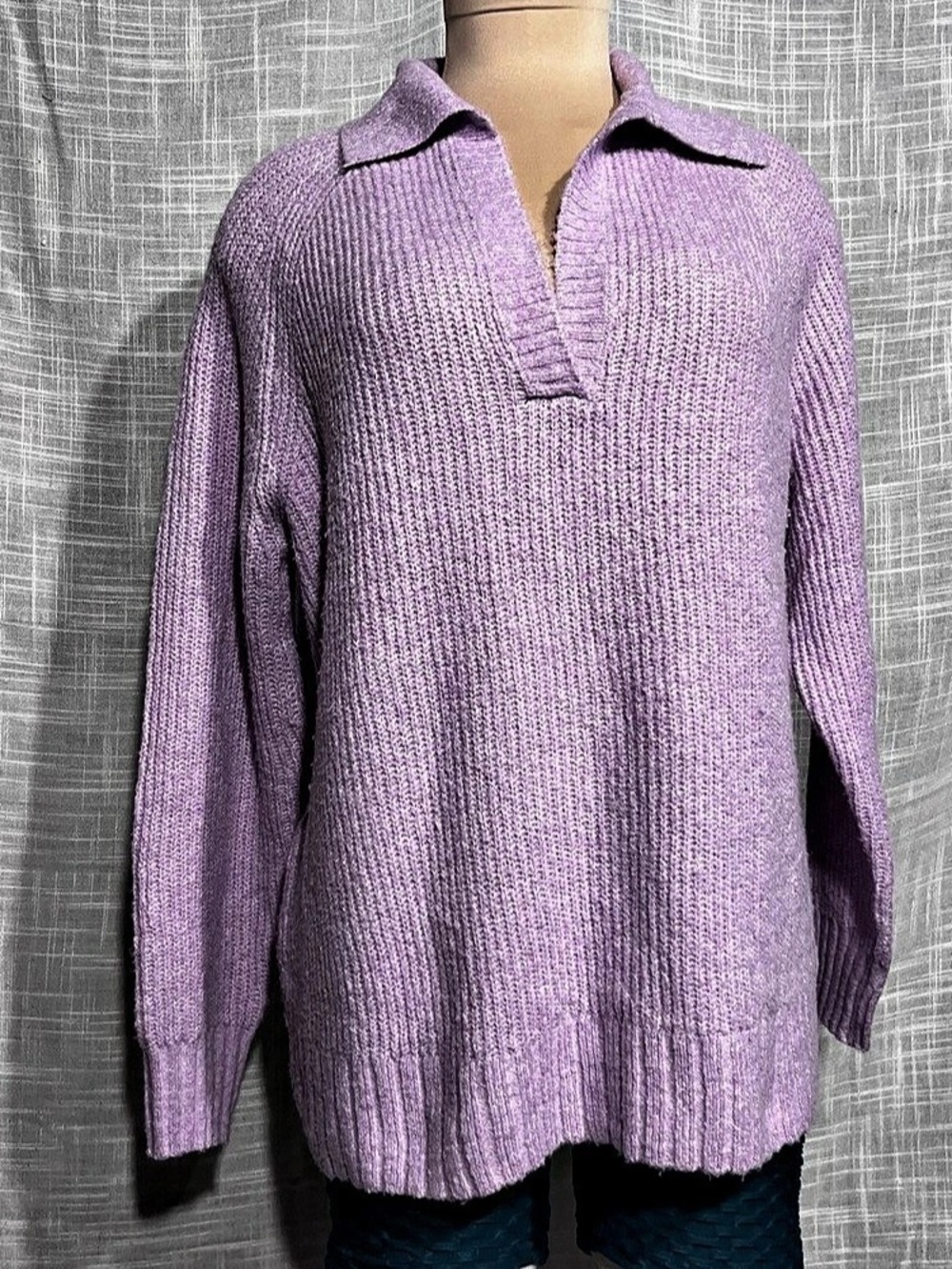 American Eagle Ribbed Polo-Neck Sweater V-Neck Sweater Purple XS